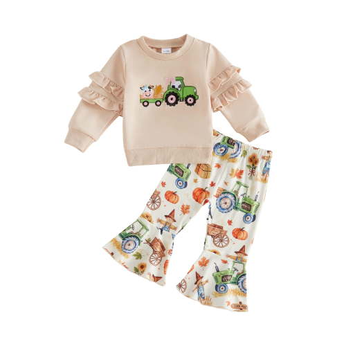 RUINIXCW Toddler Baby Girl Farm Outfit Infant Baby Girls Fall Winter Clothes Tractor Embroidery Long Sleeve Sweatshirt Tops and Bell Bottom Pants Set