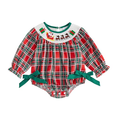 Newborn Infant Baby Girl Christmas Outfit Smocked Bubble Romper Headband | Newborn Infant Baby Girl Christmas Outfit Embroidered Smocked Bubble Romper Bow Long Sleeve Bodysuit Headband Winter Clothes