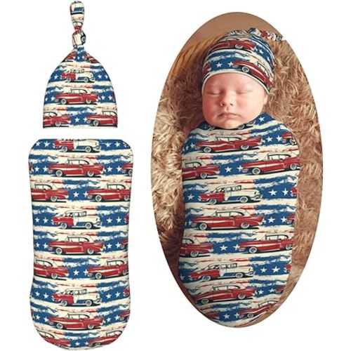 Red Vintage Cars Newborn Swaddle Blankets Hat Sets Soft Baby Receiving Blanket Swaddle Sack for Baby Shower Infant Boy Girl Gift