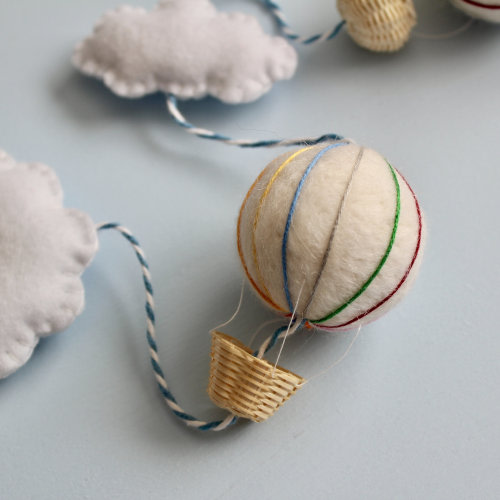 Vertical Nursery Garland, Hot Air Balloon Bunting, Children's Room, Needle Felted Cloud Garland, Neutral Soft Garland, Nursery Wall Art,