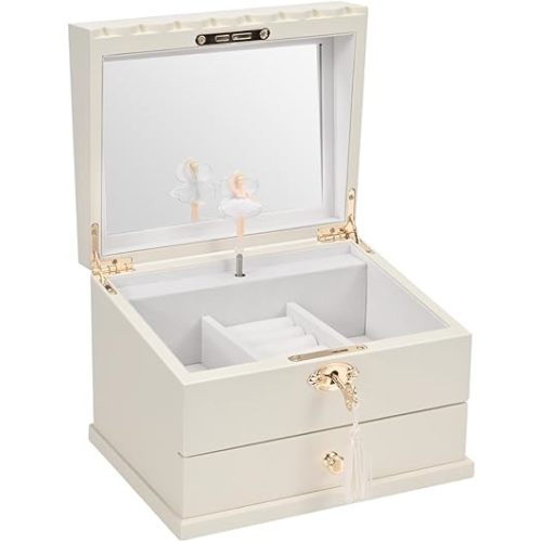 Lihou PapaQ Wooden Ballerina Medium Musical Jewelry Box with Mirror and Lock for girls，Kid's Jewelry Storage Music Box,Gifts for Holidays (White -Double layer)