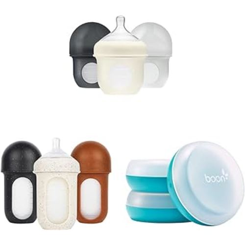 Boon NURSH Reusable Silicone Baby Bottles with Storage - Stage 1 and Stage 2 - Gray and Speckle