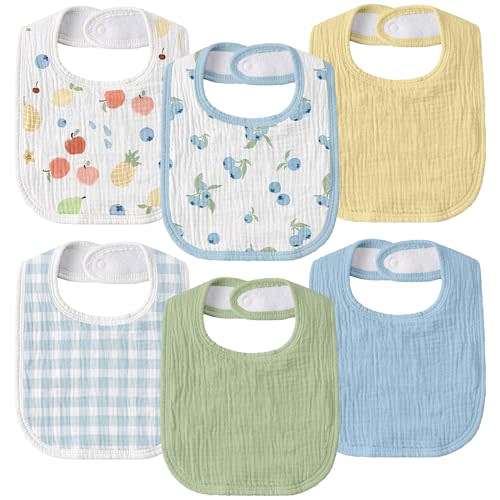 Muslin Bibs for Baby Boy Girl, Adjustable Fit for Drooling and Teething | 6-pk, 100% Soft Cotton Surface & Multi-Layer Absorbent Core, Shrink-resistant & Fade-Proof, Gentle on Sensitive Newborn skin