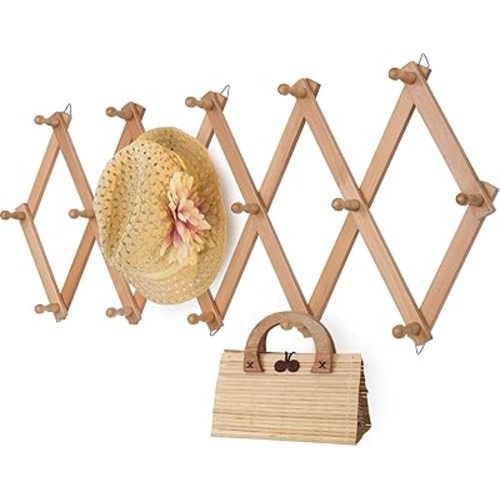 Wall Rack with 16 Hooks, Wooden Wall Expandable Coat Rack for Coat, Hats, Baseball Caps, Coffee Mug, Jewelry(Natural)