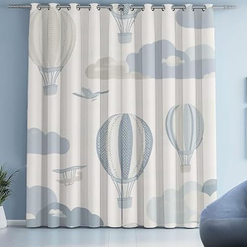 Hot Air Balloon Curtains 2 Panels Set, Adventure Cloud Biplane Curtain Blackout Grommet, Thermal Insulated, Cartoon Airplane Drapes 52x63 Inch for Bedroom, Living Room