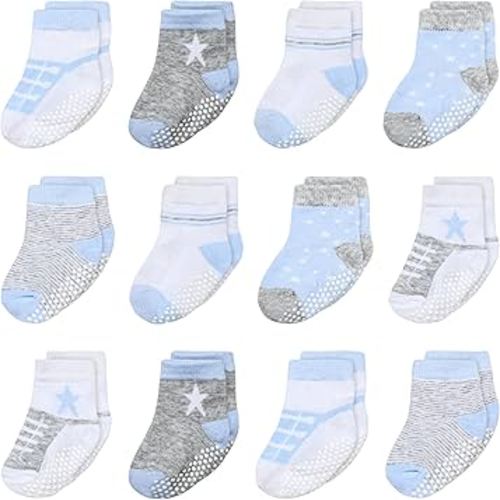 Mother's Choice Organic Cotton Baby Socks 6-12 Months, 12 Pairs Unisex Anti Slip - Soft & Hypoallergenic Baby Girl & Boys Socks (US, Age, 6 Months, 12 Months, Blue - Gray - White)