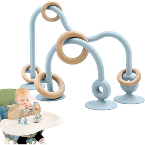 Baby Sensory High Chair Suction Toys for Infant Toddlers 6 12 18 24 Months, Food Grade Silicone String with Oak Loop Montessori Educational Parent-Child Baby Bath Toy (Blue)