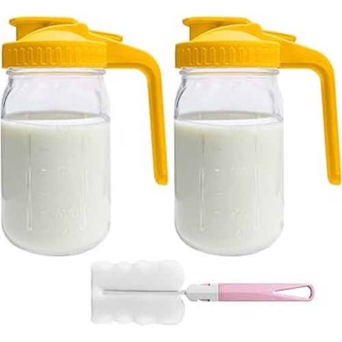 2 PACK Breast Milk Pitcher 32OZ Glass Breastmilk Pitcher with Lids Leak-proof Wide-mouth Storage Jars for Breastmilk, Resistant to Heat or Cold, Freezer-safe (Yellow)