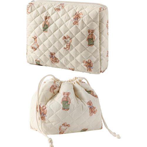 uekeboag 2Pcs Quilted Cotton Makeup Bag, Large Soft Floral Travel Toiletry Bag,Small Drawstring Makeup Bag with Canvas Lining(Bear)