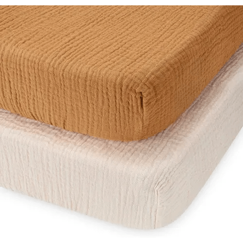 Blissful Diary Muslin Mini Crib Sheets, Pack and Play Mattress Sheets Fitted for Pack N Play, Soft Cotton for Boys Girls, 2 Pack(Retro Yellow&Beige)