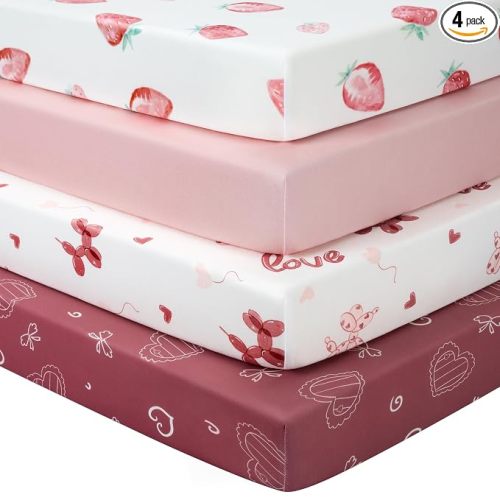 Baby Crib Sheets Girl, Toddler Bed Sheets Fitted for 52”x28”Standard Crib and Toddler Mattresses, 4 Pack Soft Breathable Stretchy Strawberry Puppy Love