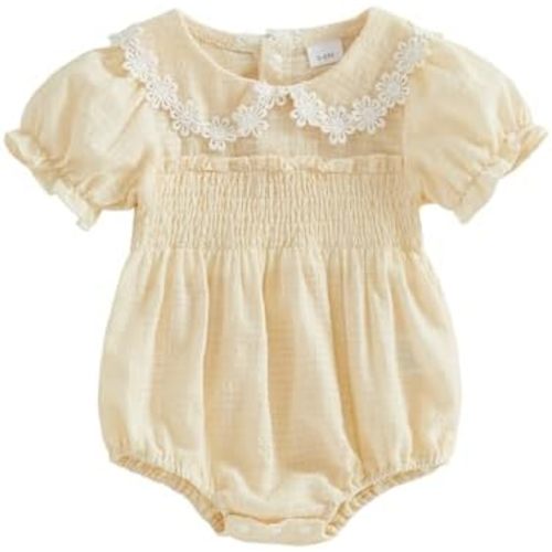 Baby Girl Summer Outfits Newborn Flower Embroidered Eyelet Ruffled Hem Short Sleeve Romper and Bow Headband Set