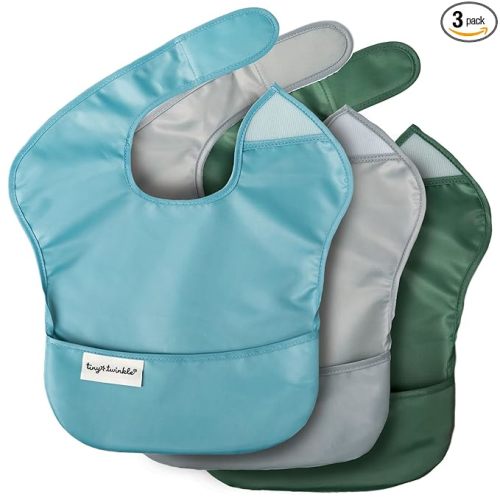 Tiny Twinkle Mess-Proof Baby Bibs for Eating | Waterproof, Wipeable Toddler Bibs with Catch-All Pocket | Feeding Bibs for Girls & Boys(3 Pack,Slate, Olive)