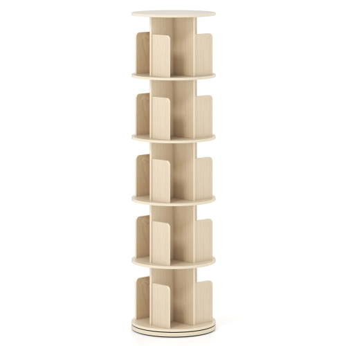 Costway 1 PCS 5-Tier Rotating Bookshelf 360° Display Rack with Dividers & Anti-falling Baffles Natural