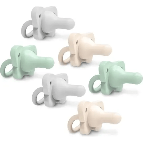 Dr. Brown's HappyPaci 100% Silicone Baby Pacifier, Contoured One-Piece Design, Green, Cool Gray, Ecru, 0-6m, BPA-Free, 6 Pack