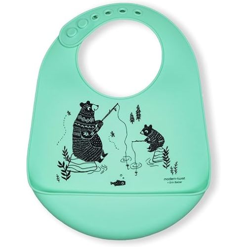 Modern Twist Bucket-Bib 100% Food-Grade Silicone, Waterproof and Reusable, Bear Family – Mint Green
