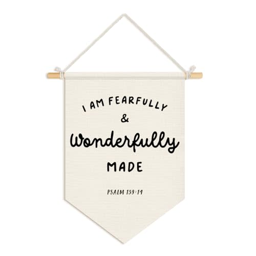 Wheatwin Christian Nursery Decor, I Am Fearfully and Wonderfully Made Wall Hanging Pennant Flag Banner, Bible Verse Wall Decor for Kids Nursery Toddler Room Bedroom Playroom 15x11 Inch