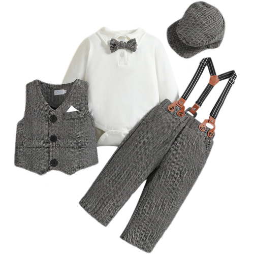 FYMNSI Baby Boy Suit Gentleman Outfit Clothes Set Infant Tuxedo Long Sleeve Dress Shirt+Vest+Suspender Pants+Bowtie+Beret Hat 6-12 Months Gray