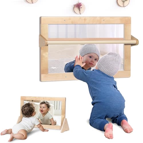 3-in-1 Baby Montessori Wooden Frame Non-Shatter Safety Mirror w/ 2 Pull Up Bars, Infant Coordination Small Mirror for 6-18 Months