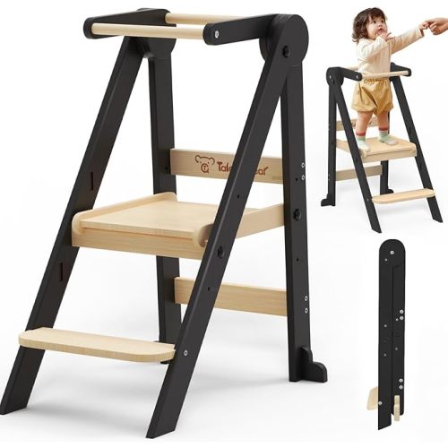 Foldable Toddler Kitchen Stool Helper, Toddler Standing Tower with 3 Adjustable Heights, Collapsible Wooden Step Stool for Kitchen & Bathroom, Montessori Learning Helper Tower for Toddlers Aged 1-6