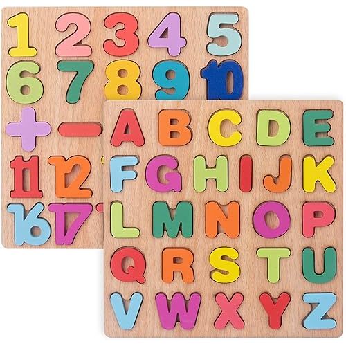 Wooden Puzzles for Toddlers, Alphabet Puzzle and Number Puzzle, Preschool Educational Learning Toys with Chunky Wood ABC Puzzle Board, for Girls Boys Kindergarten