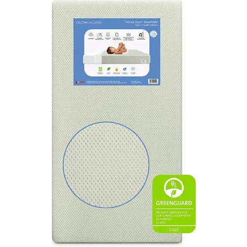 Delta Children Twinkle Stars Breathable Baby Bed Crib Mattress and Toddler Mattress with Removable/Machine Washable Cover - GREENGUARD Gold – Waterproof - Sustainably Sourced Core Fiber Core, Green