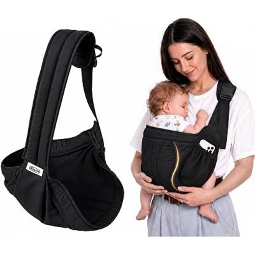 Roslim Baby Sling Carrier, One-Shoulder Side Sling with Ergonomic Curved Design, Padded Contoured Hip Area, Adjustable Lightweight Baby Carrier with Storage Pocket, Breathable & Travel-Friendly, Black