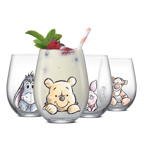 JoyJolt Disney Winnie the Pooh Exploring a Classic Stemless Drinking Glasses, 19oz Glass Cups ft Pooh Bear Tigger Piglet Eeyore, Kitchen Glassware Set of 4, Winnie the Pooh Adult Gifts