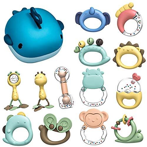 Baby Rattle Sets Teether Rattles Toys, Tinabless 13 Pcs Infant Grab Shaker and Spin Rattle Toy Early Educational Toys with Whale Gift Box for 3, 6, 9, 12 Month Newborn Girls, Boys