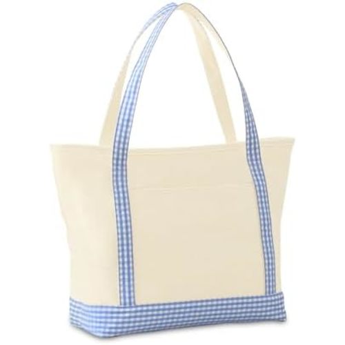 EMBRUNIOICE Tote Bag for Women,Canvas Gingham Handbag with Zipper and Pockets,Shoulder Bag for Work Travel Beach