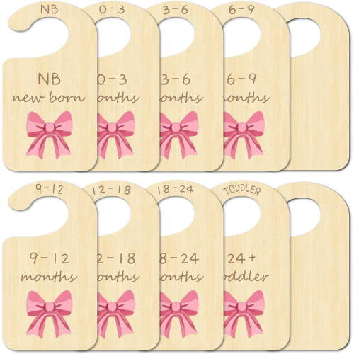10Pcs Pink Bow Closet Dividers Nursery Single Side Wood Reusable Wooden Hanging Organizer Sign Cloth Size Dividers Newborn Stuff 24 Months Toddler