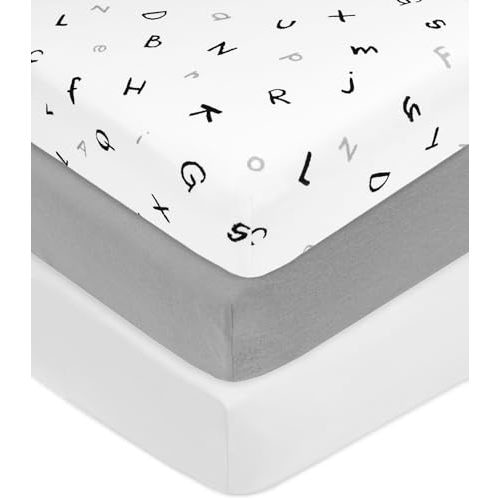 American Baby Company 3 Pack Printed 100% Cotton Jersey Knit Fitted Crib Sheet for Standard Crib and Toddler Mattresses, Alphabet/Gray/White, for Boys and Girls