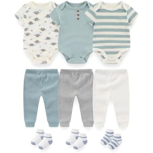 Baby Layette Gift Set 9-Piece Baby Bodysuits and Pant Set Infant Boy Girl Clothes Outfits
