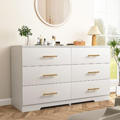 6 Drawer Dresser with Deep Drawers, Wood Dressers & Chest of Drawers, Modern White Long Dressers for Bedroom Closet Living Room