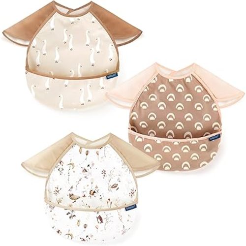 GRSSDER 3-pack Mess Proof Baby Feeding Bibs with Food Catcher Pocket, Soft Lightweight Waterproof Fabric Material with Zero Plastic-like Feel, Adjustable and Easy Clean Toddler Bibs for 6-36 Months