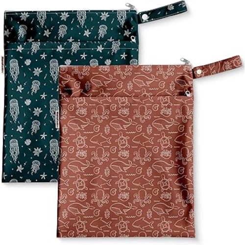 Mama Koala Waterproof Wet Dry Bags for Baby Items, Cloth Diapers, Swimsuits, Travel, Gym Clothes, Beach, Pump Parts, Toiletries, Two Zippered Pockets, 2 Pack (W020)
