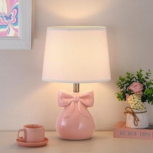 Pink Bow Table Lamp for Girl's Room, 19" Ceramic Cute Lamp for Bedroom, Classic Bedside Lamp for Nightstand, Modern Table Lamp for Living Room with Rotary Swtich (Bulb Included)