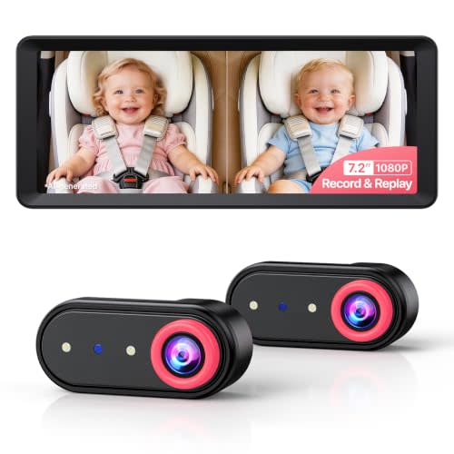 LUCKVIEW Double Car Camera Baby Monitor with Recording for 2 Kids 7.2'' | Split Screen HD 1080P, Auto IR Night Vision & Wide Angle Backseat Mirror Easy Setup for Infant Toddler (Pink)