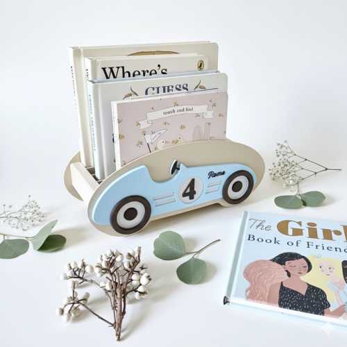 Personalised Retro Car Book Crate: Nursery Book Organizer and Kids Bookshelf