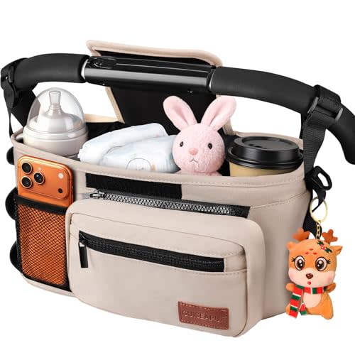 Universal Stroller Organizer with Cup Holder: Non Slip Strap Stroller Caddy | Stroller Bag with Detachable Phone Bag, Fits for Uppababy, Baby Jogger Stroller Accessories, Christmas New Moms Baby Gifts
