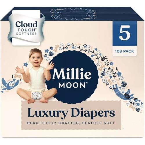 Millie Moon Luxury Diapers – Ultra Soft Cloud Touch Disposable Diapers with 12 Hour Absorbency & Wetness Indicator (5-108ct)
