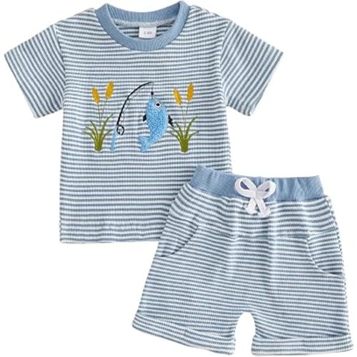 MERSARIPHY Toddler Baby Boy Girl Summer Clothes Embroidery Stripe T-shirt Tops Shorts Sets 6 12 18 Months 2T 3T Casual Outfit