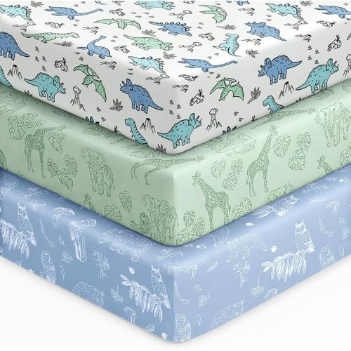 Baby Crib Sheets for Boys Girls, 28x52x8in Fitted Crib Sheet Neutral 3 Pack for Standard Crib and Toddler Mattress, Breathable Soft Microfiber Baby Sheet Green & Blue Dinosaur