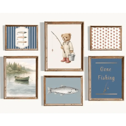Fishing Nursery Wall Art, Set of 6, Vintage Bear Fishing Prints, Baby Boy Room Decor, Lake House Nursery, Gone Fishing Quote
