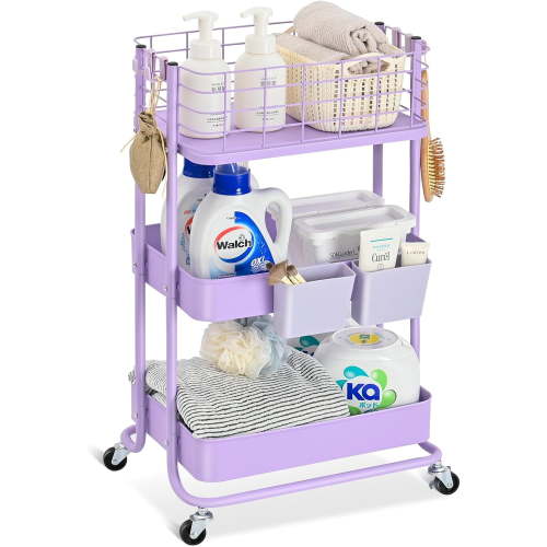 3 Tier Utility Cart, Metal Rolling Cart Organizer, Storage Cart on Wheels, Book Cart, Diaper Cart for Bathroom, Kitchen, Office, Bedroom, Purple