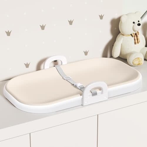 Xaproo Baby Changing Pad, Soft EVA Wipeable Diaper Changing Pad with Adjustable Crib Clips, Non-Slip Changing Table Pad with Safety Strap & Side Handles, Fits Cribs, Dressers & Changing Tables, Beige