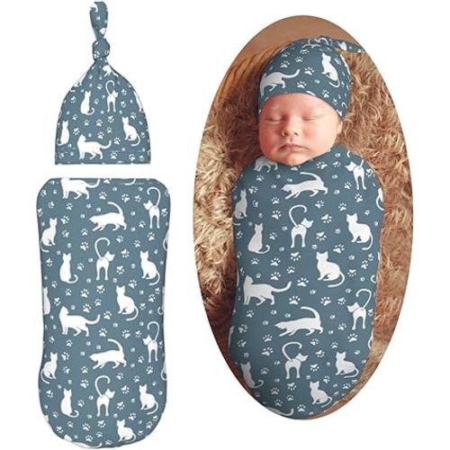 Cat and Paw Newborn Swaddle Blankets Hat Sets Soft Baby Receiving Blanket Swaddle Sack for Baby Shower Infant Boy Girl Gift