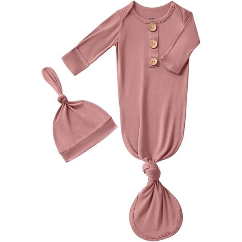 Newborn Baby Boys Girls Knotted Gown Hat Set Soft Bamboo Viscose Infant Sleeper Baby Sleep Gown with Mittens