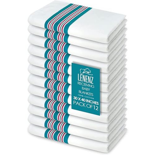 Lenenz Baby Receiving Blankets, 100% Cotton Flannel Receiving Blanket, Perfect for swaddling & Wrapping, Ultra-Soft Hospital Blankets, Size 30 x 40 inch (12)