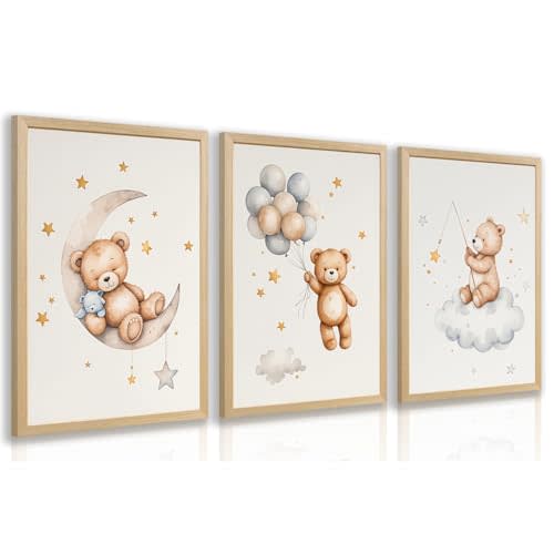 EisEver Baby Nursery Wall Art Set of 3, Bear Moon Cloud Balloon Nursery Decor, Cute Teddy Bear Boys Girls Room Art Prints, Neutral Beige Kids Room Artwork for Bedroom Playroom Wood Framed 12x16 inch